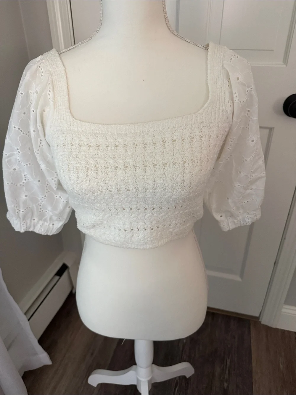 Zara Cream Crochet Puff Sleeve Crop Top